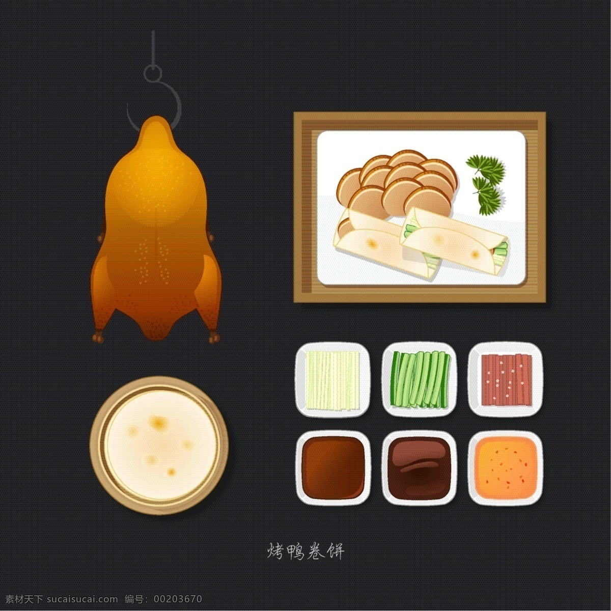 食物矢量圖 烤鴨 北京烤鴨 片皮 片皮鴨 烤鴨包餅 烤鴨卷餅 鴨子 包餅 卷餅 烤 餅皮 大蔥 京蔥 黃瓜 山楂 山楂片 醬料 烤鴨醬 酸梅醬 矢量食物 生活百科 餐飲美食