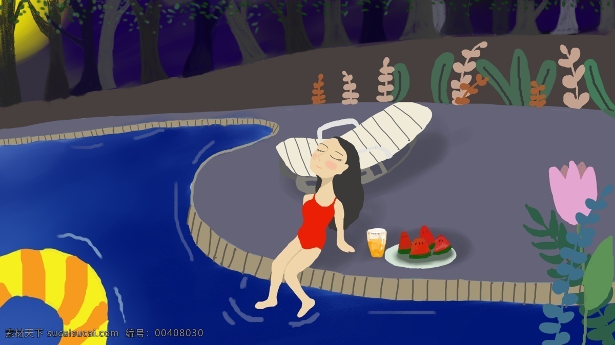 夏日 你好 夜晚 清爽 游泳池 西瓜 果汁 游泳 夏天 少女
