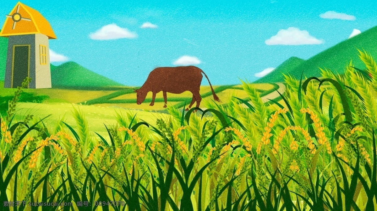 原創(chuàng) 唯美 清新 二十四節(jié)氣 小滿 插畫 小麥 麥子 牛 草地 牛吃草 上坡 朋友圈插畫 手機配圖 電商配圖