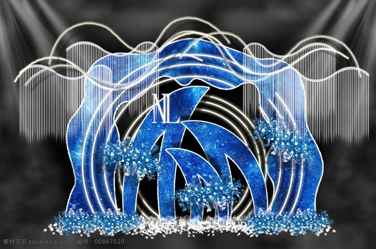弧形 月牙 星空 婚禮 留影 區(qū) 星空婚禮 藍(lán)色婚禮 月牙造型 弧形造型 弧形吊頂 線簾