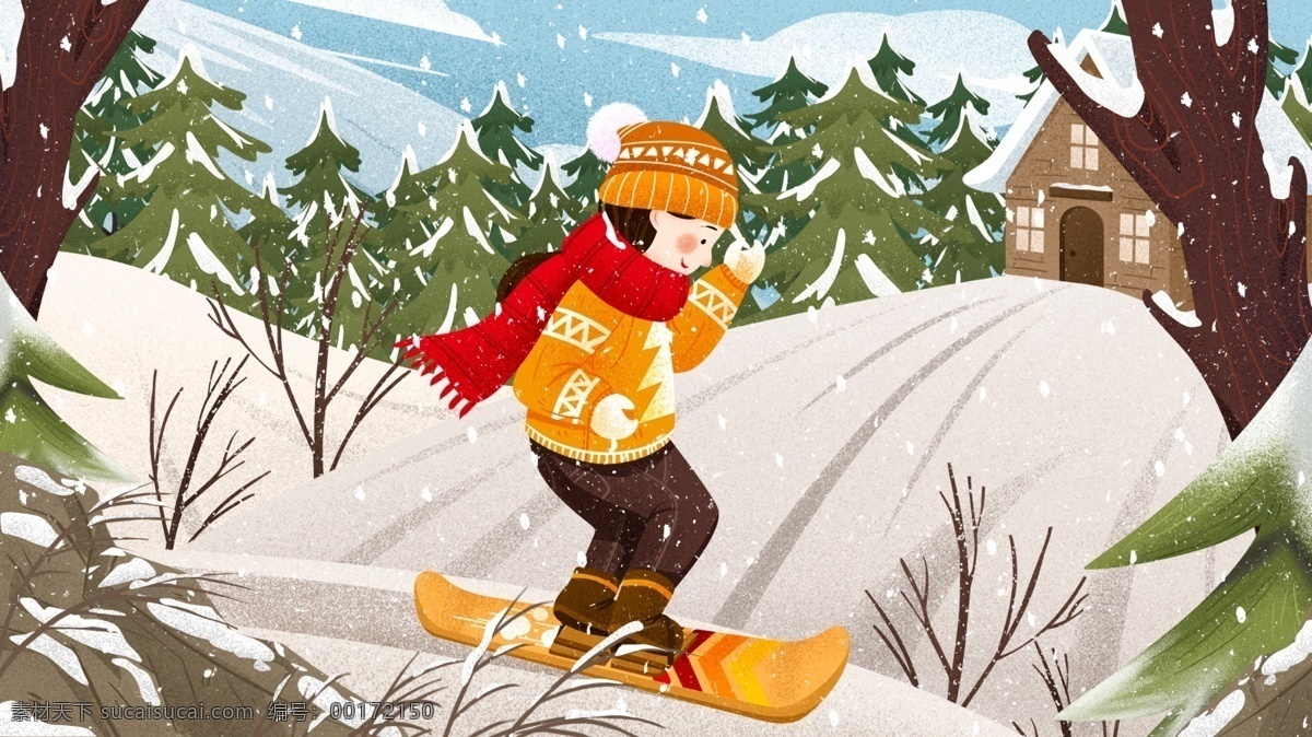 唯美 冬季 女孩 雪地 滑雪 冬天 雪景 肌理 插画 冬季插画 滑雪女孩 滑雪人物 滑雪插画 大雪 大雪插画 冬季雪景 下雪 白雪 节气大雪 手绘人物 人物插画 冷色 寒冷 手绘