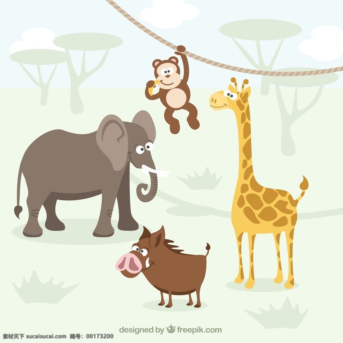 卡通動(dòng)物 卡通野生動(dòng)物 象 猴子 長(zhǎng)頸鹿 野豬 動(dòng)物 野生動(dòng)物 卡通 熱帶 矢量圖 平面素材