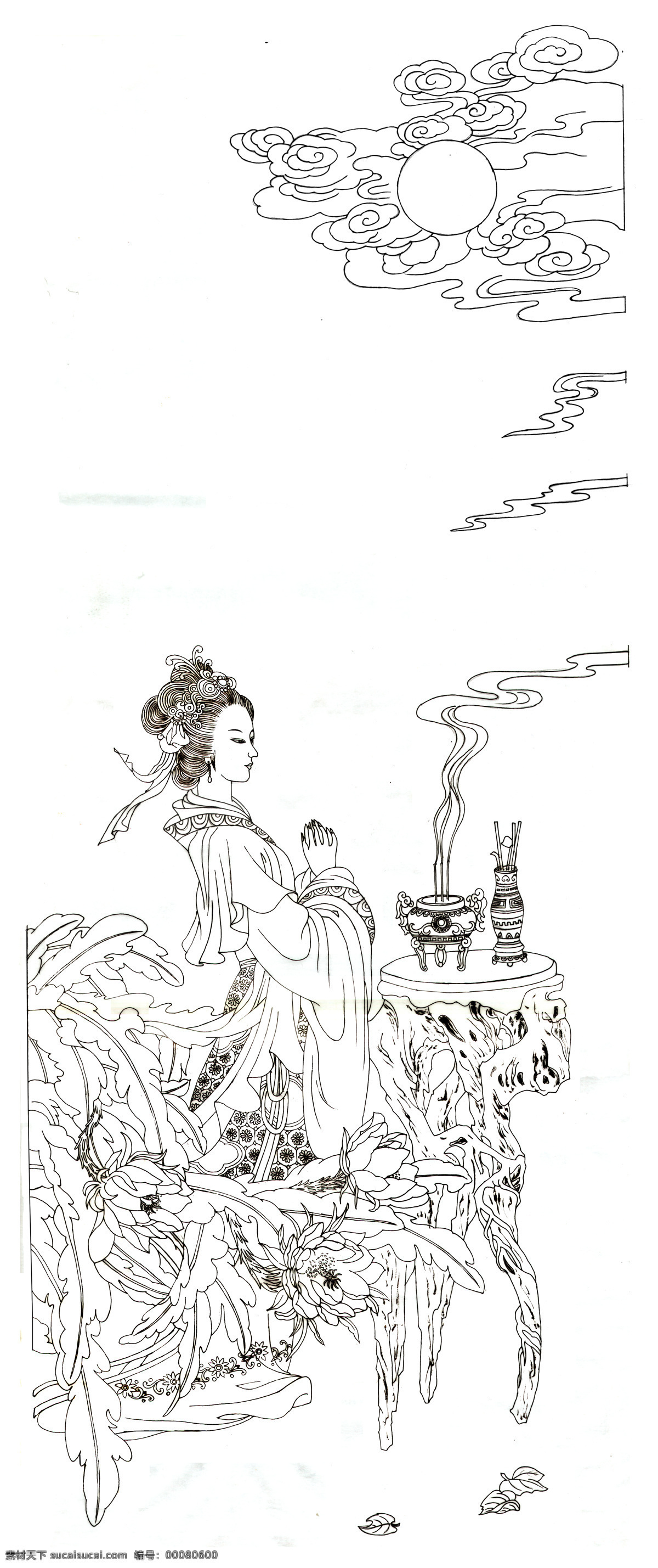 貂蝉 拜 月白 描 线 稿 传统文化 吉祥寓意 四美 貂蝉拜月 白描 线稿 黑白图 绘画书法 文化艺术