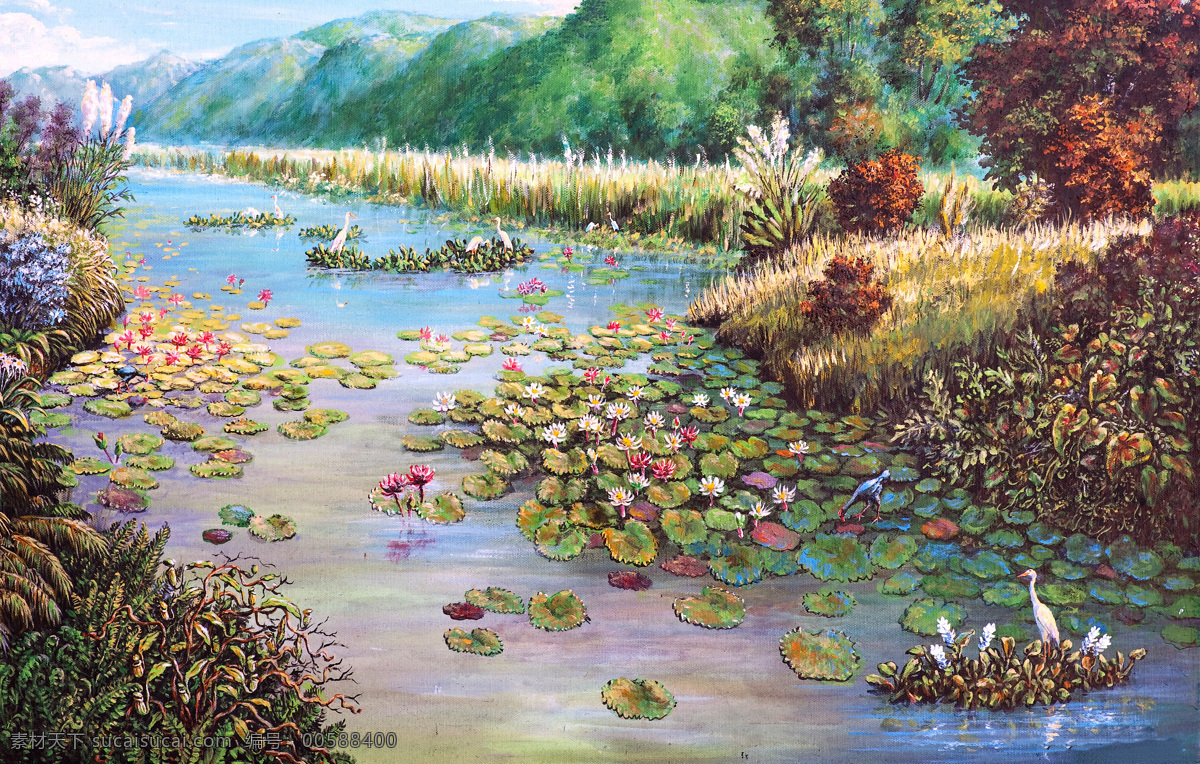 田野 风光 插画 背景 小溪 荷花 手绘 书画 国画 素描 涂鸭 水墨画 油画 书画文字 文化艺术