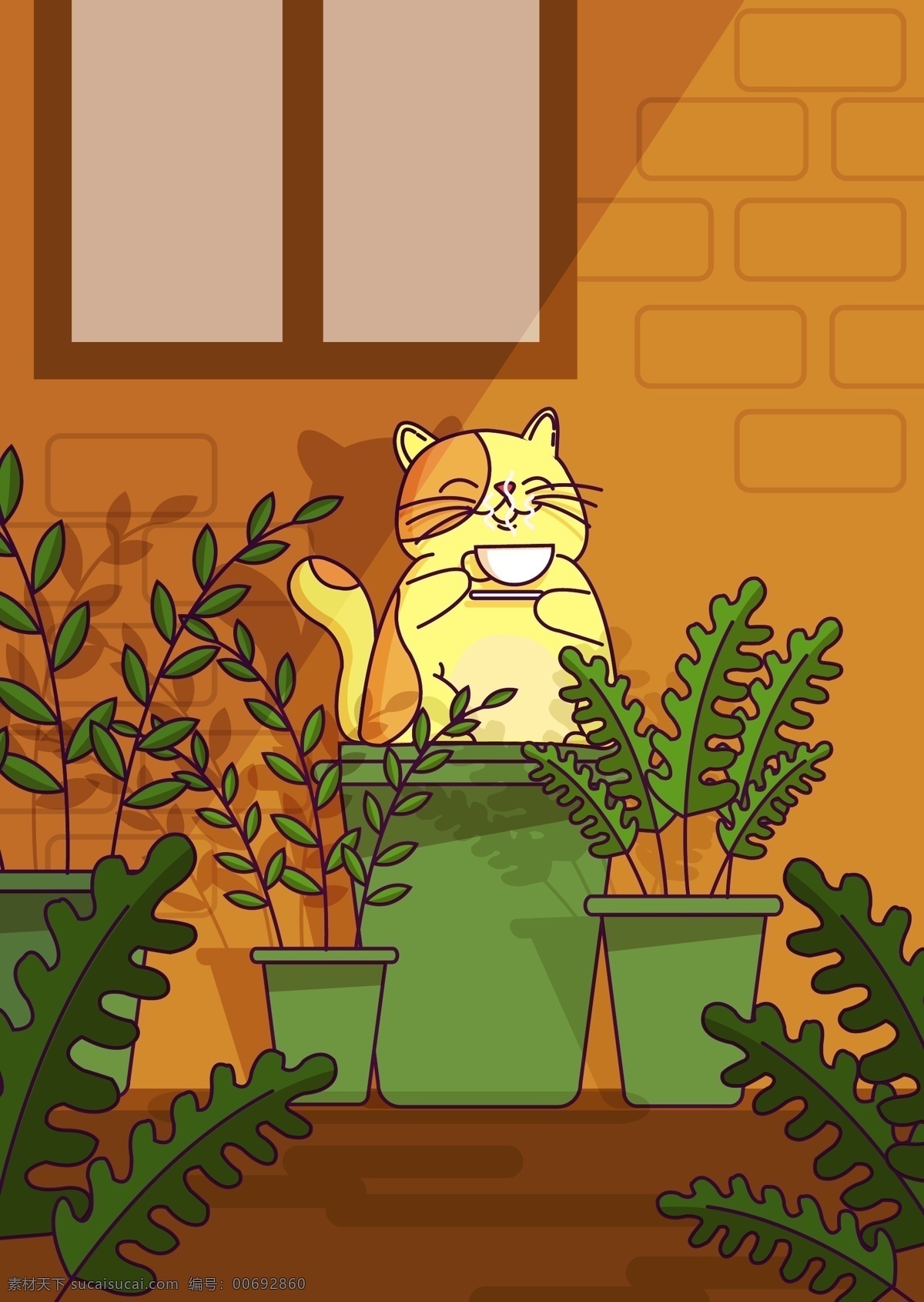 手绘花盆猫咪 绿花盆 盆栽植物 黄色猫咪 窗台 小院 窗户外面 窗户下 动漫动画