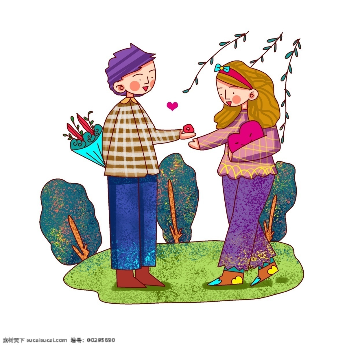 卡通 風格 春日 情侶 爛漫 踏青 出游 溫馨 季節(jié) 草地 植物 男孩 女孩 頭飾 服飾圖案 長褲 長發(fā) 短發(fā) 鞋子 愛心 線描 清明節(jié)