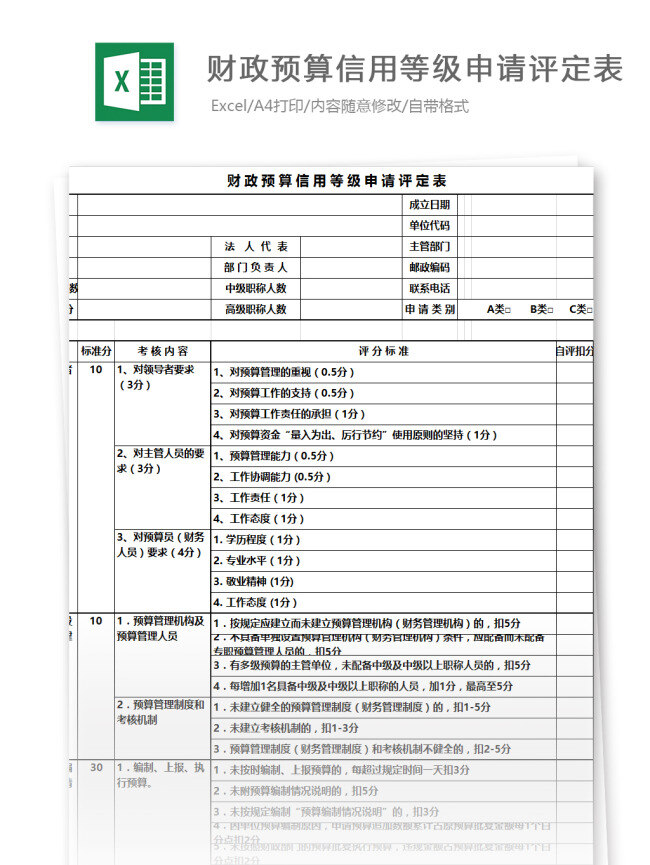 財(cái)政 預(yù)算 信用 等級(jí) 申請(qǐng) 評(píng)定 表 excel 模板 圖表 圖表模板 文檔 表格 表格模板 自動(dòng)變換 表格設(shè)計(jì) 財(cái)政預(yù)算 信用等級(jí) 申請(qǐng)?jiān)u定表