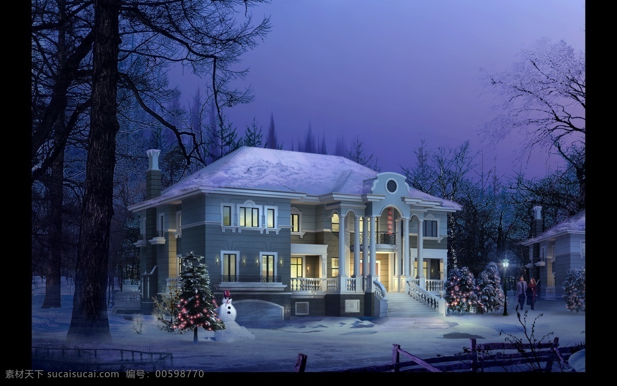 圣诞节 房子 雪景 效果图 分层 环境设计 景观设计 室外设计 景观图 后期设计 水晶石 源文件 建筑设计 建筑物 欧式 别墅 树木 黑色