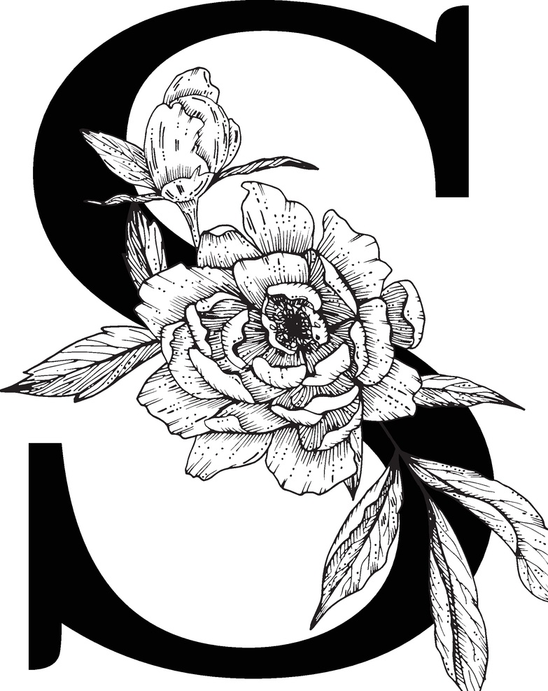 花卉装饰字母 字母s 黑白线描花朵 英文 字母 字体 花朵 鲜花 黑白 线描 素描 白描 创意设计 设计素材 矢量图 矢量素材 文化艺术 矢量 传统文化