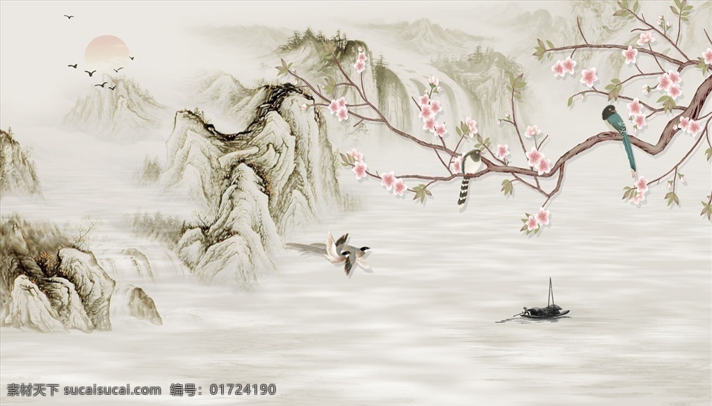 山水畫 袁蘭花 小船 背景墻圖片 背景墻 電視背景墻 現(xiàn)代背景墻 分層