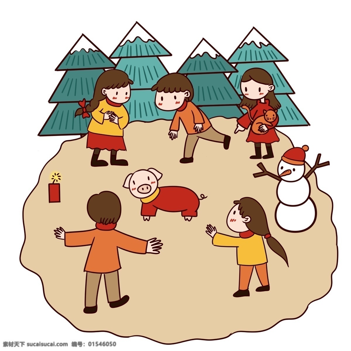 手繪 卡通 可愛 喜慶 新年 小孩子 抓 小 豬 矢量 免摳 歡慶新年 新年快樂 喜氣洋洋 抓小豬 雪人 鞭炮 松樹 下雪