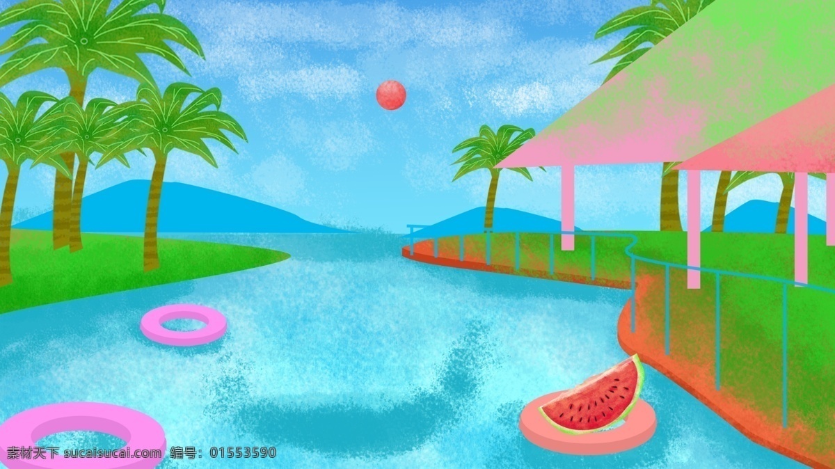 浪漫 清新 度假 海滩 广告 背景 广告背景 椰子树 云朵 山峰 游泳圈 落日 海岸