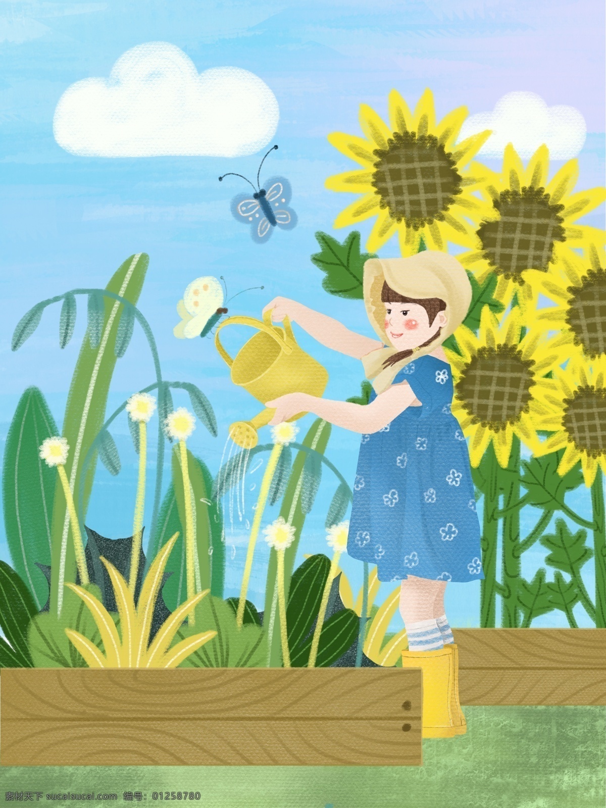 立夏 夏天 可爱 小女孩 花园 浇水 小 清新 原创 插画 小清新