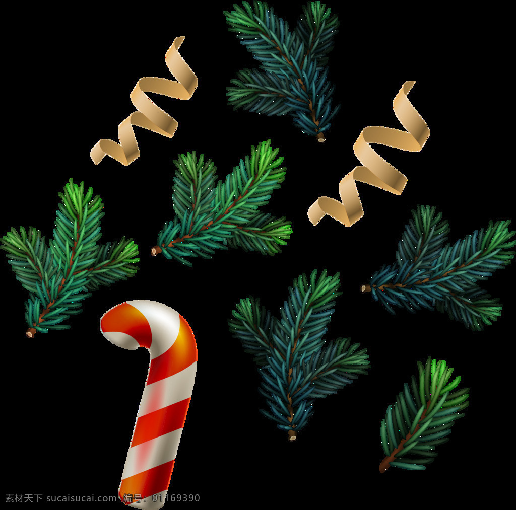 圣诞 装饰 物品 元素 png元素 彩带 拐杖 节日 礼物 免抠元素 圣诞老人 松枝 透明素材