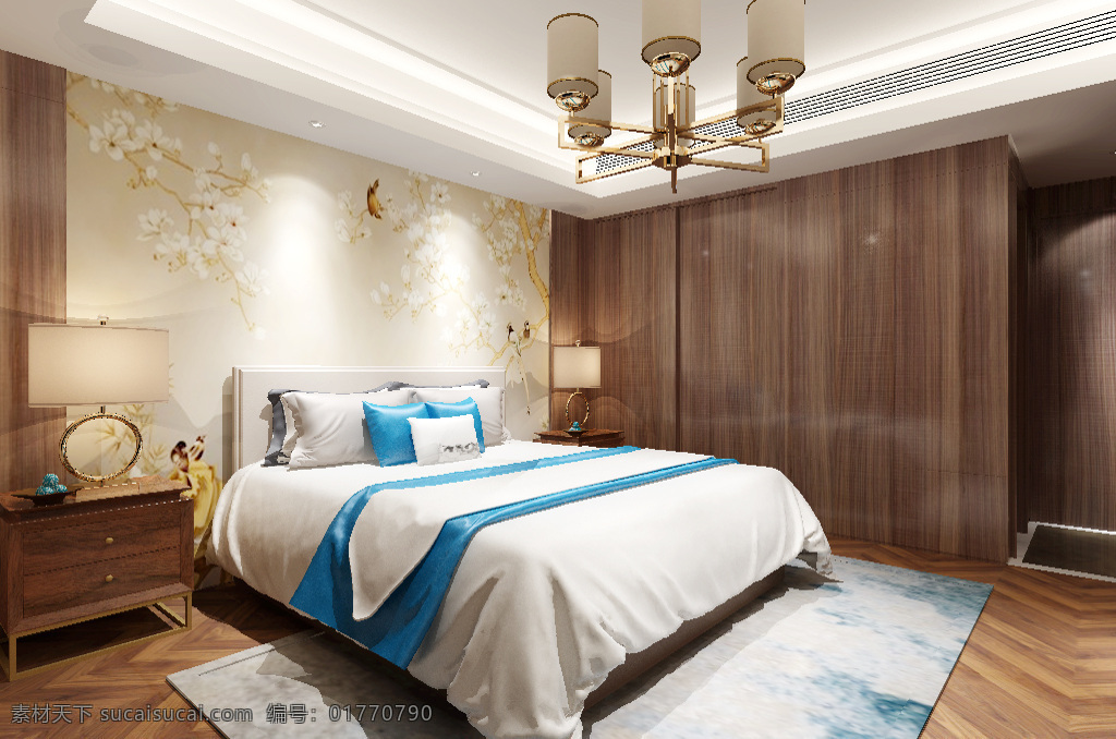 新 中式 风格 温馨 卧室 效果图 时尚 简约 壁纸 背景墙 3d 新中式 舒适