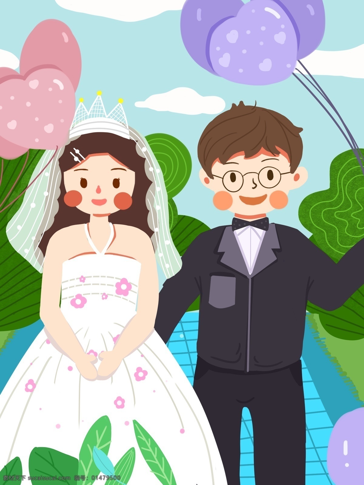 溫馨 浪漫婚禮 氣球 場(chǎng)景 插畫(huà) 婚禮 婚紗 草地 小清新 浪漫 結(jié)婚