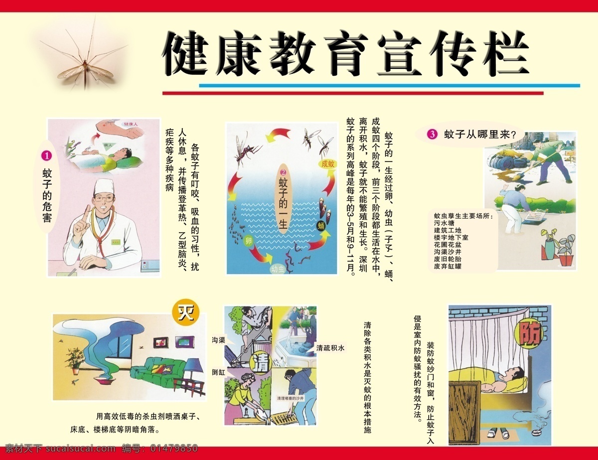 健康教育 宣傳欄 蚊子 的危害漫畫 紅色線條 展板 漫畫 防蚊蟲 分層 源文件