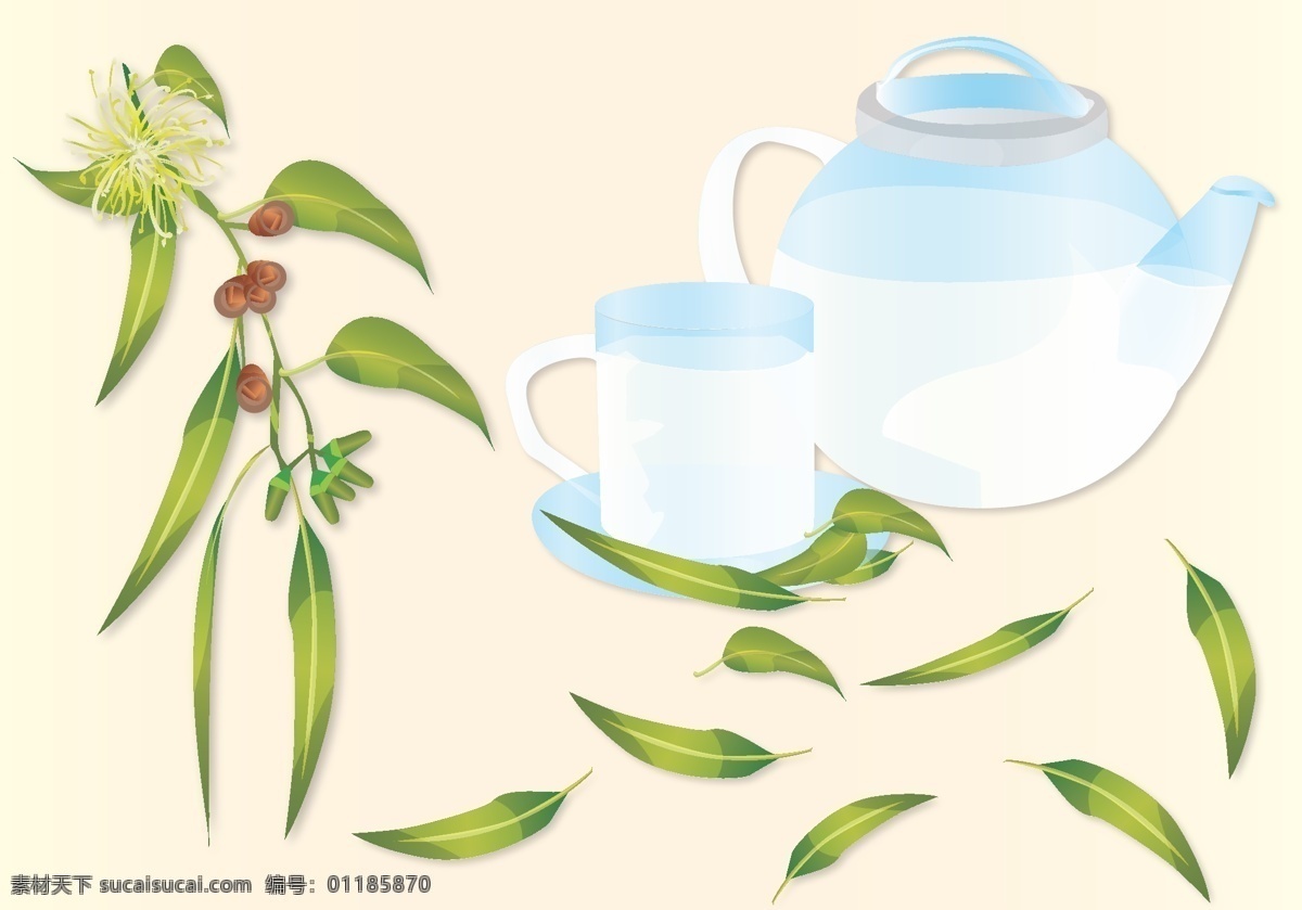 清新 矢量 茶叶 茶杯 茶饮 手绘饮料 茶壶 树叶 矢量素材