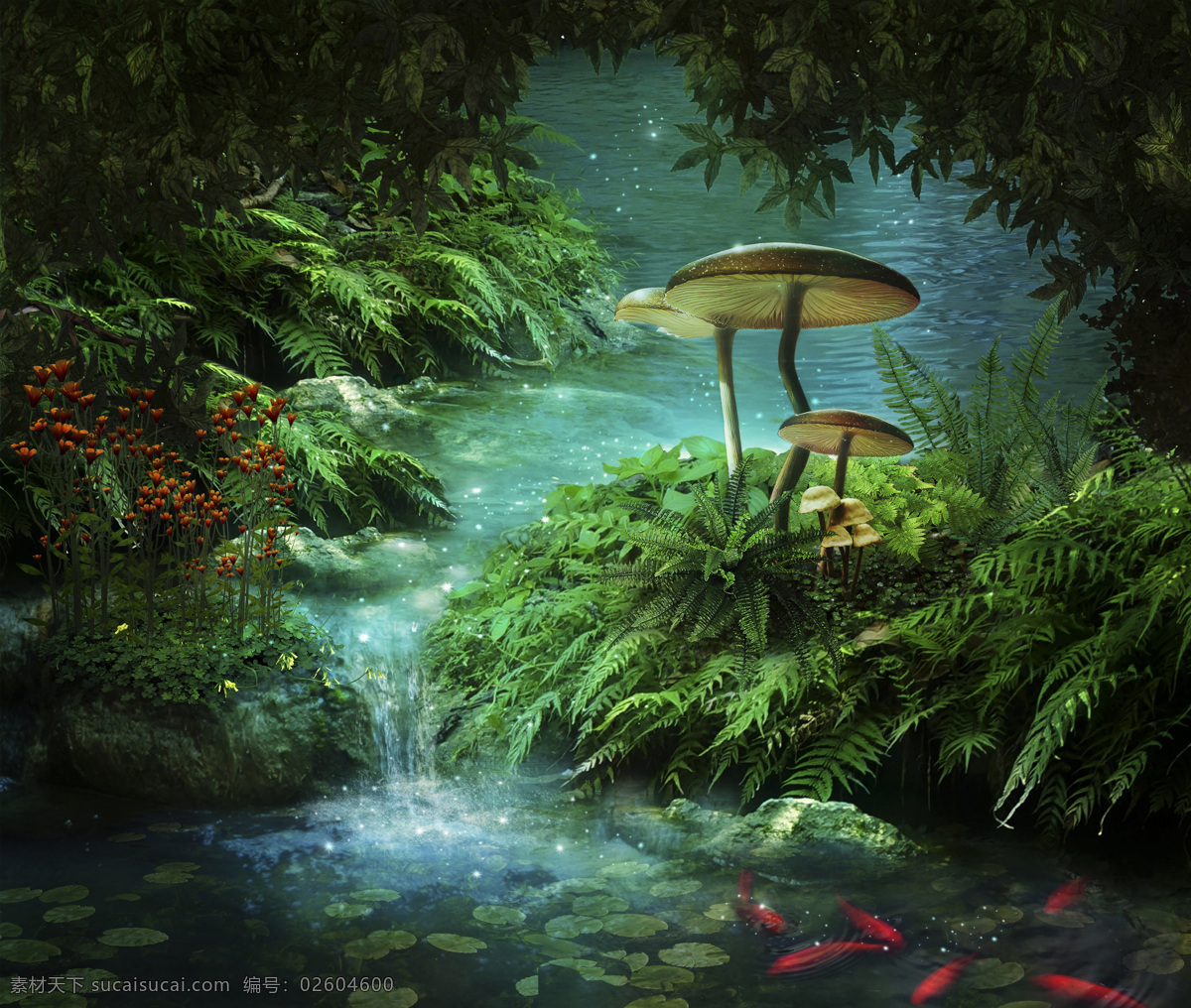 梦幻 山水画 河流 蘑菇 深林 森林 小溪 鱼 溪流