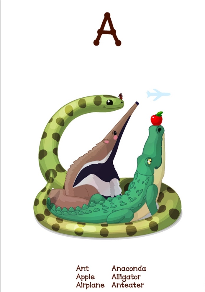 英文 字母 系列 有趣 动物 a 教育 字母a 字母表 野生动物 卡通卡片 插图 学习 拼写 图画 图案 阅读单词 鳄鱼 蟒蛇 儿童 可爱 英语 文化艺术 绘画书法