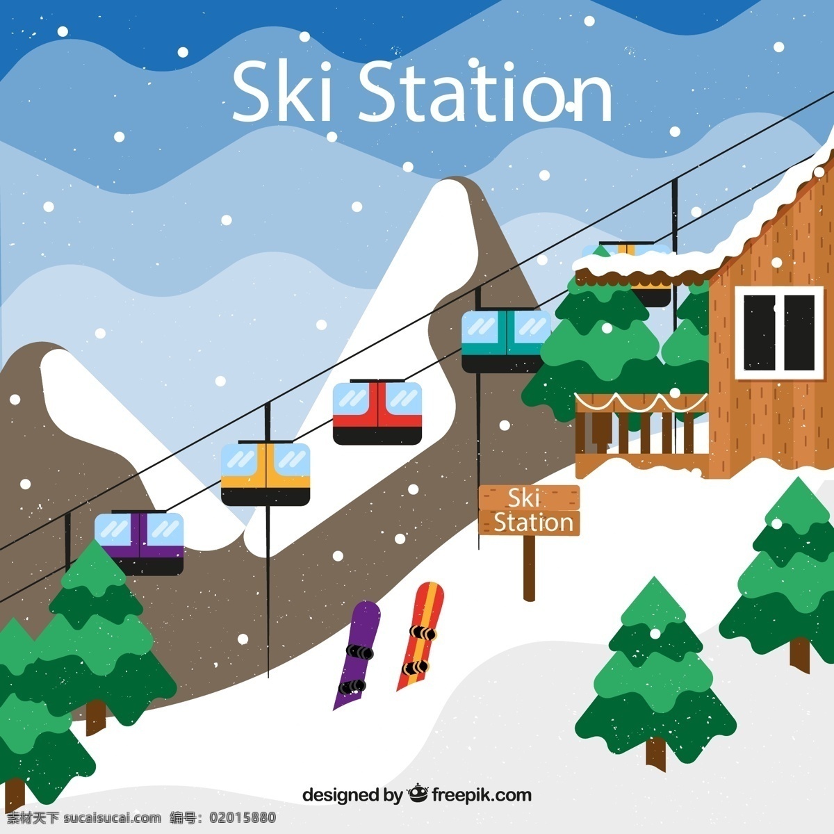 冬季 滑雪 缆车 风景图片 雪花 房屋 松树 木牌 滑雪板 树木 源文件 矢量 高清图片