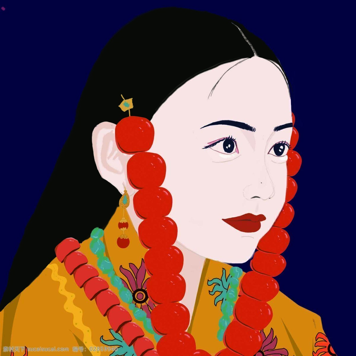 藏族富家小姐 民族风 藏族 人物插画 珊瑚首饰 头像