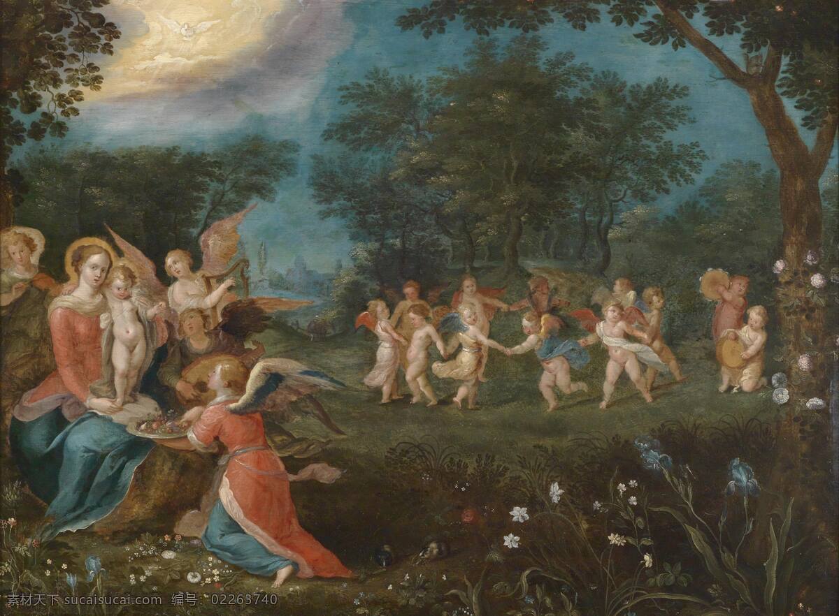 伊甸园 圣母与圣婴 天使 跳舞 美好 快乐 古典油画 油画 绘画书法 文化艺术