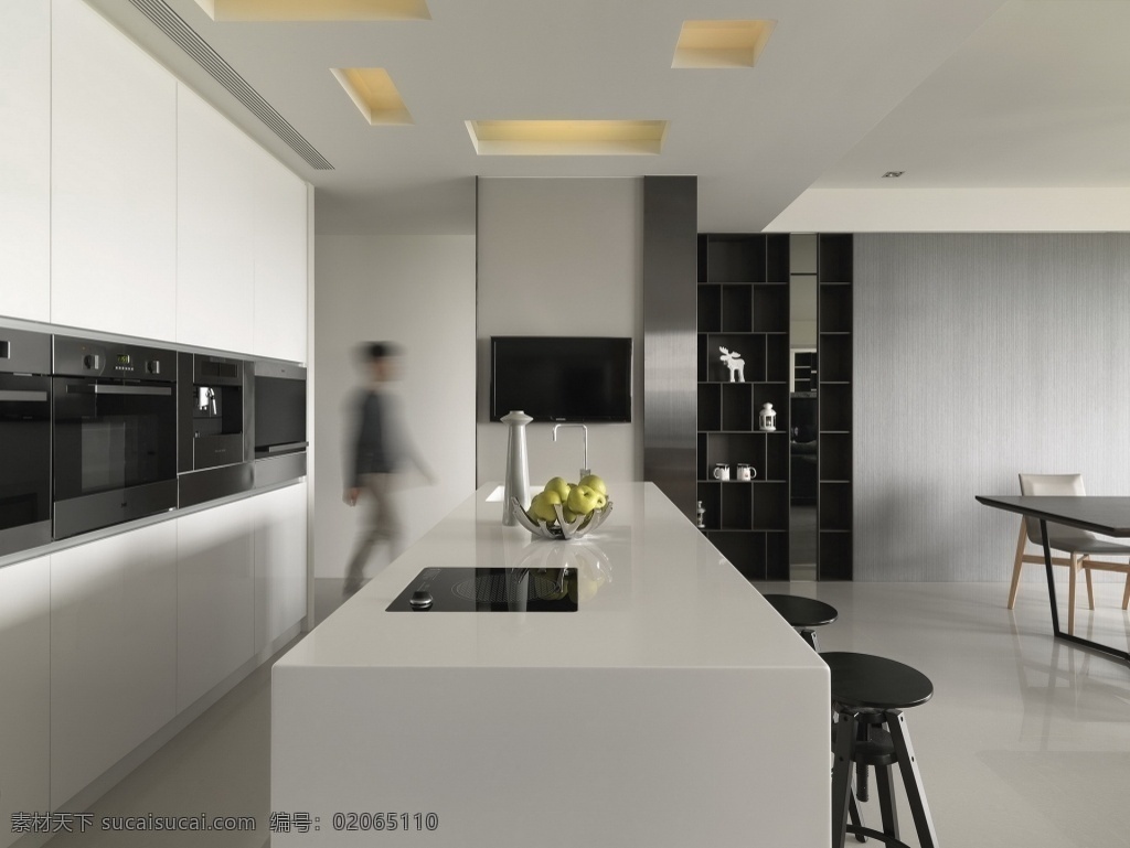 简约 开放式 厨房 大理石 白色 台面 装修 效果图 吧台椅 灰色地板砖 灰色墙壁 开放式厨房