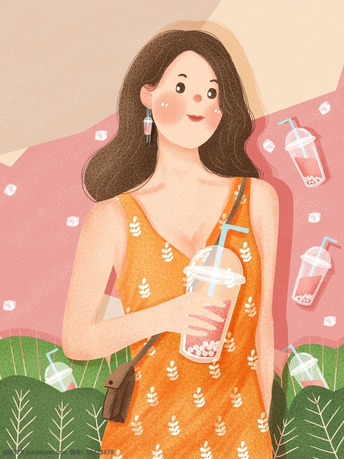 粉色 彩绘 创意 插画 夏季 饮料 女孩 背景 粉色背景 渐变 原创 唯美