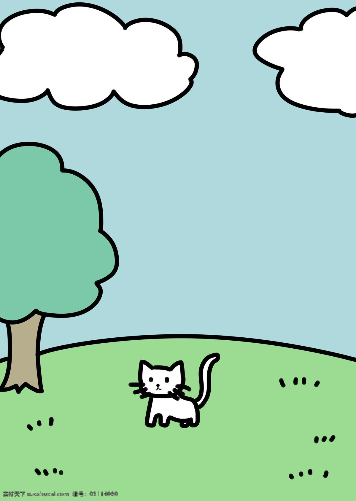 猫 森林 草地 云朵 可爱 插画 动漫动画