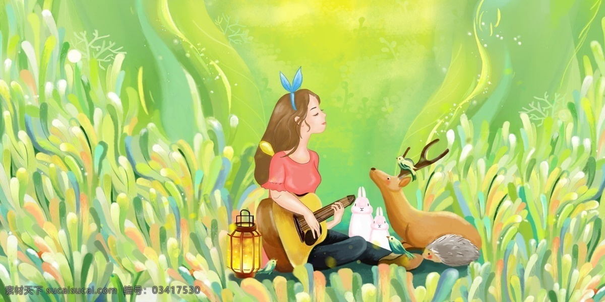 手绘 插画 小鹿 女孩 小清晰 草地 绿色 弹琴 梦幻 童话