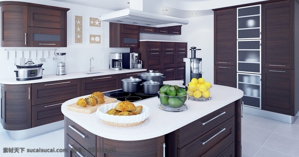 c4d 室内 高端 厨房 场景 厨具 锅 碗 盆 水果 白色 木色 简约 现代 c4d场景 3d设计 3d作品