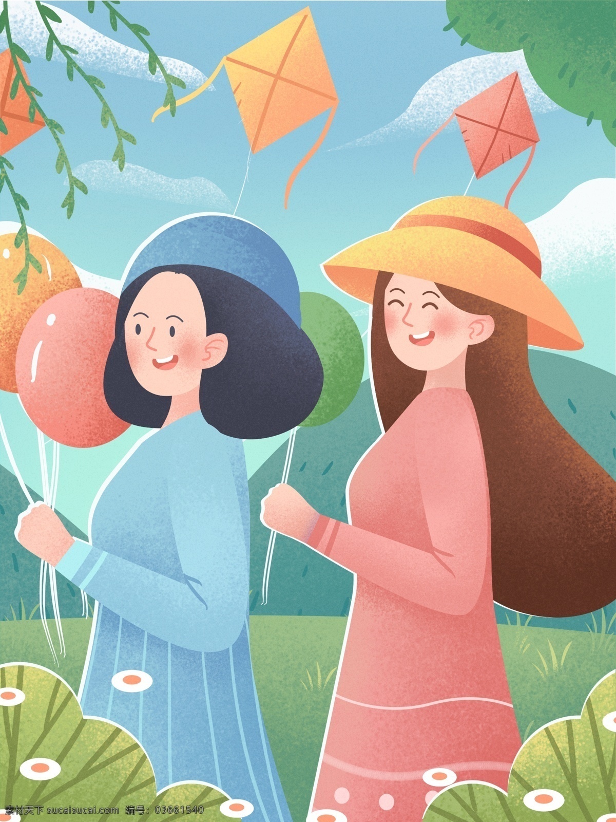 小 清新 治愈 系 插畫 三月 你好 山上 踏青 閨 蜜 春天 氣球 可愛 壁紙 桌面 初春 風(fēng)箏 柳枝 明亮 商業(yè)插畫 手機(jī)用圖 手機(jī)配圖 背景