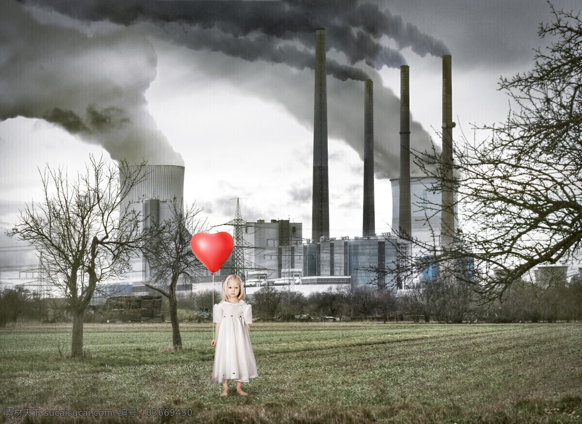 草地 爱心 小女孩 红色心形 雾烟 有毒气体 工厂 保护地球 绿色环保 生态环保 节能环保 环保概念 其他类别 生活百科 灰色