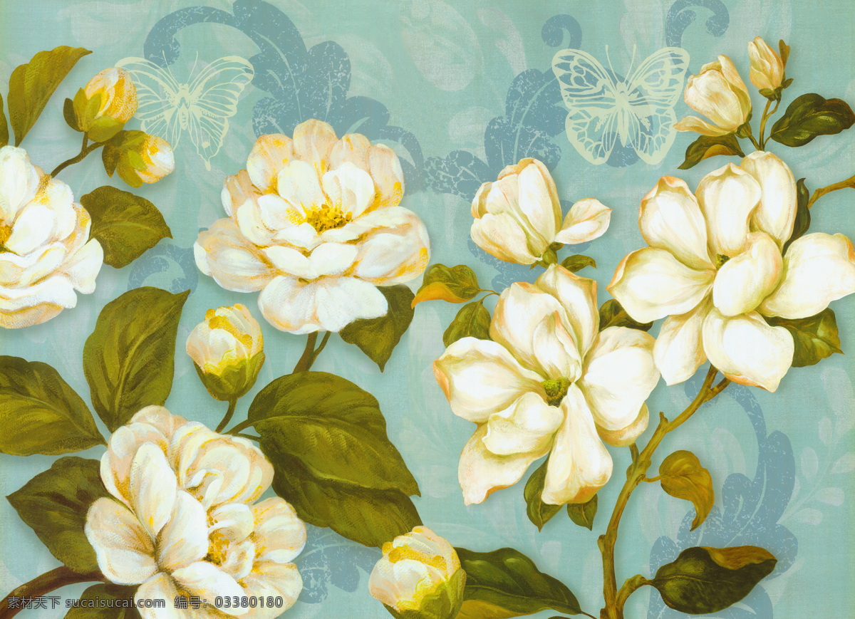 欧式 复古 花卉 绘画 白色 花朵 植物 叶子 花鸟 画 油画 装饰画 自然景观 山水风景