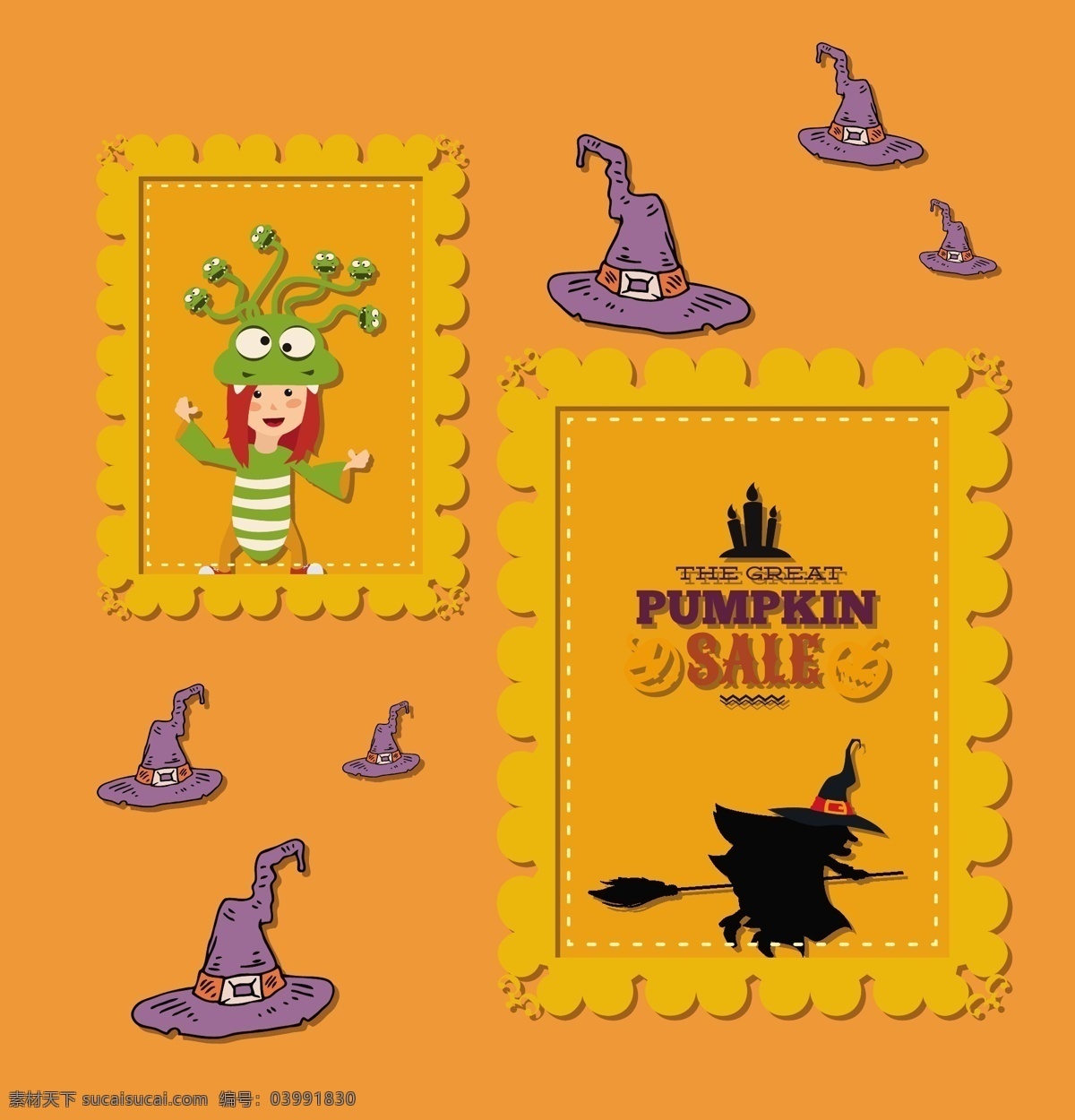 卡通 巫师 万圣节 矢量 卡片 创意 巫师帽 扫把 橙色 绿色 小女孩 节日 矢量素材 设计素材