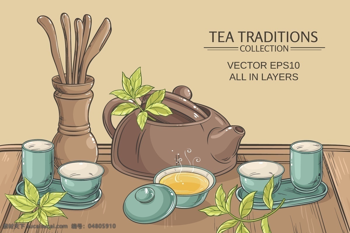 传统 中国 茶道 插画 紫砂壶 杯子 绿茶 茶叶 场景