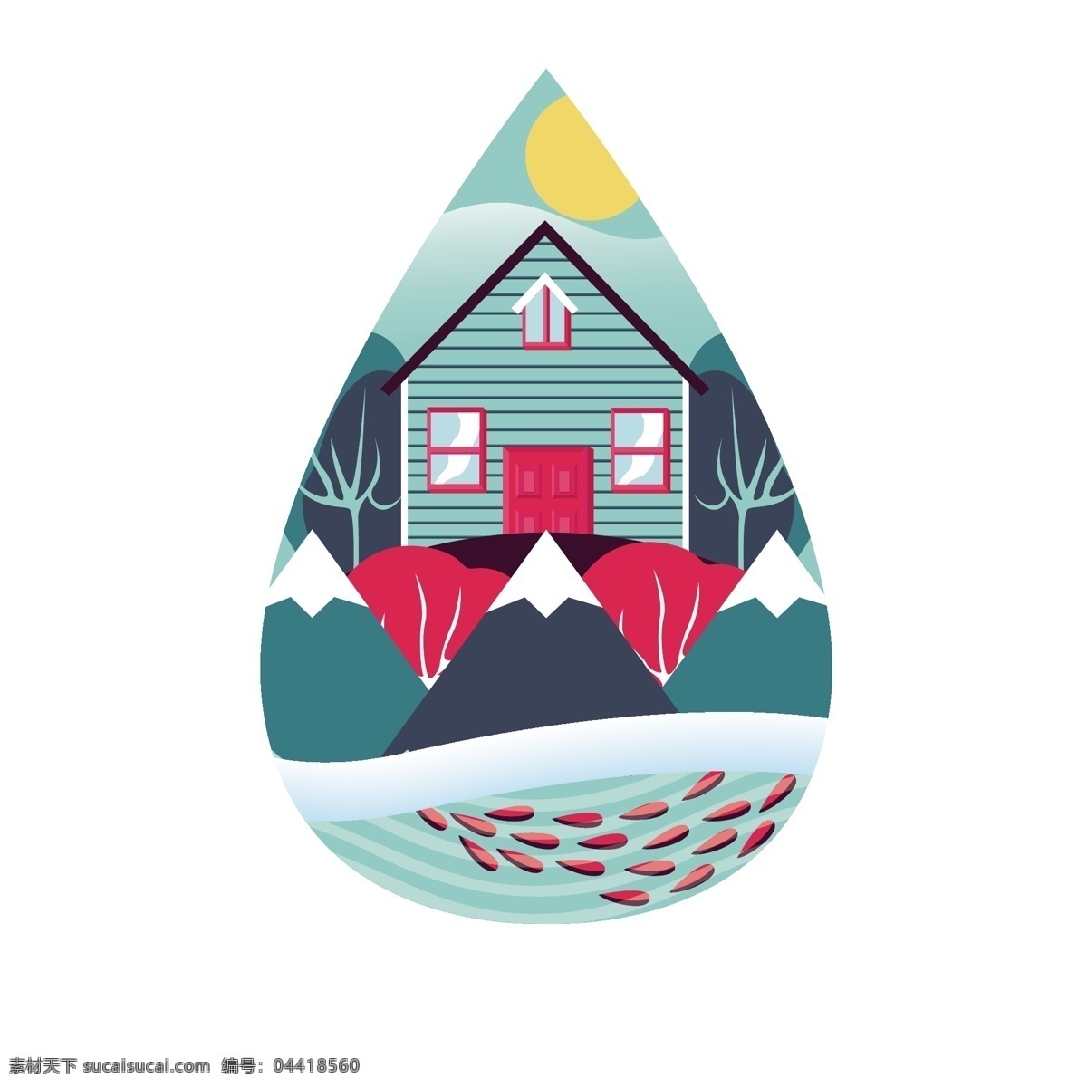 卡通 水滴 可爱 房子 矢量 水滴形状 拟人的鱼 卡通房子 可爱的房子 水资源 环境 环境保护