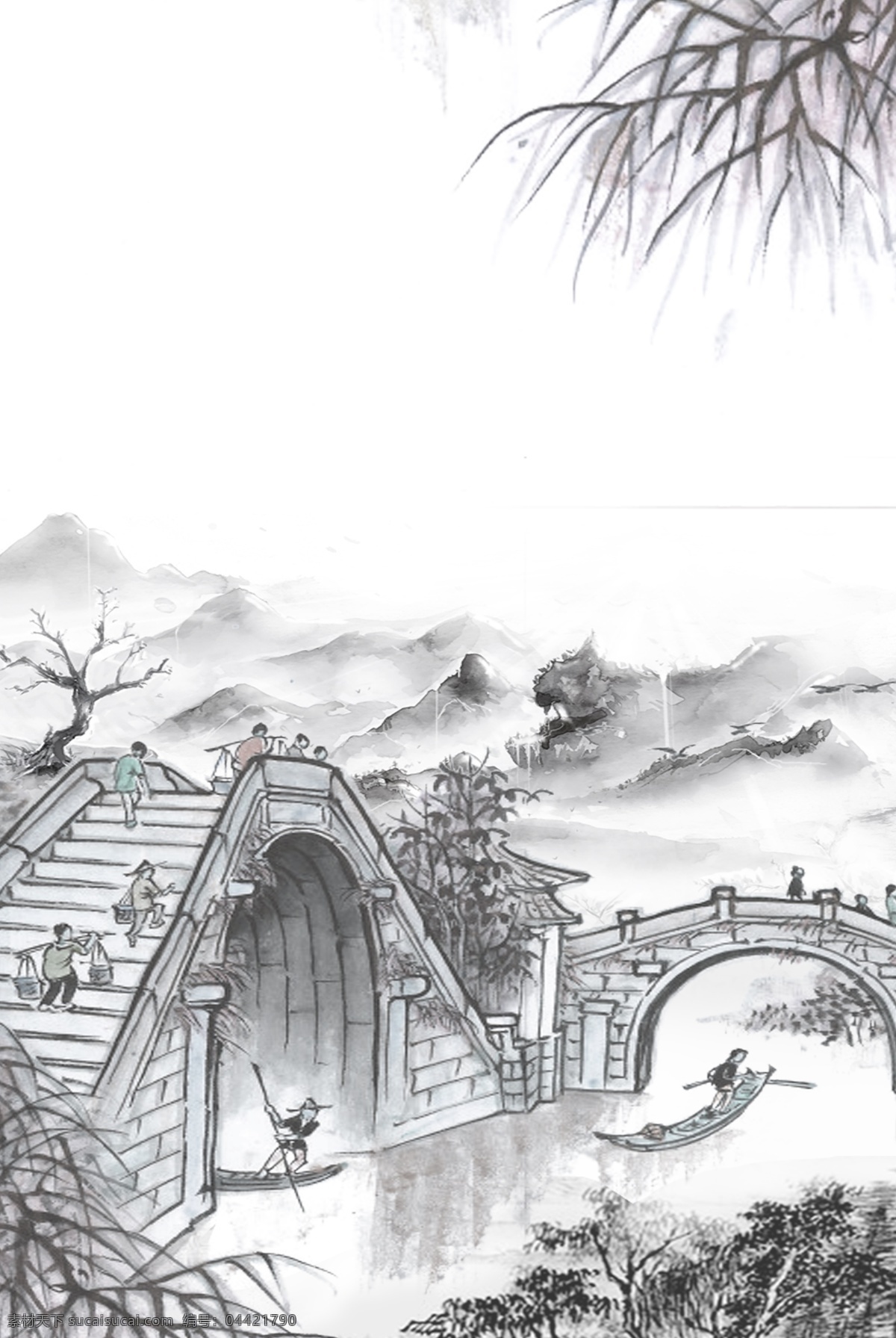 中國(guó) 風(fēng) 江南 水鄉(xiāng) 石橋 遠(yuǎn)山 背景 中國(guó)風(fēng) 水墨 山巒 漁船 山脈 復(fù)古