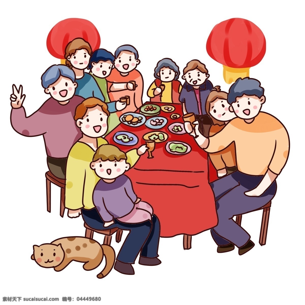 手绘 卡通 2019 新年 团聚 手绘卡通 2019新年 装饰图案 过年 元旦 红色 感恩父母 家人 聚餐 吃饭 亲人