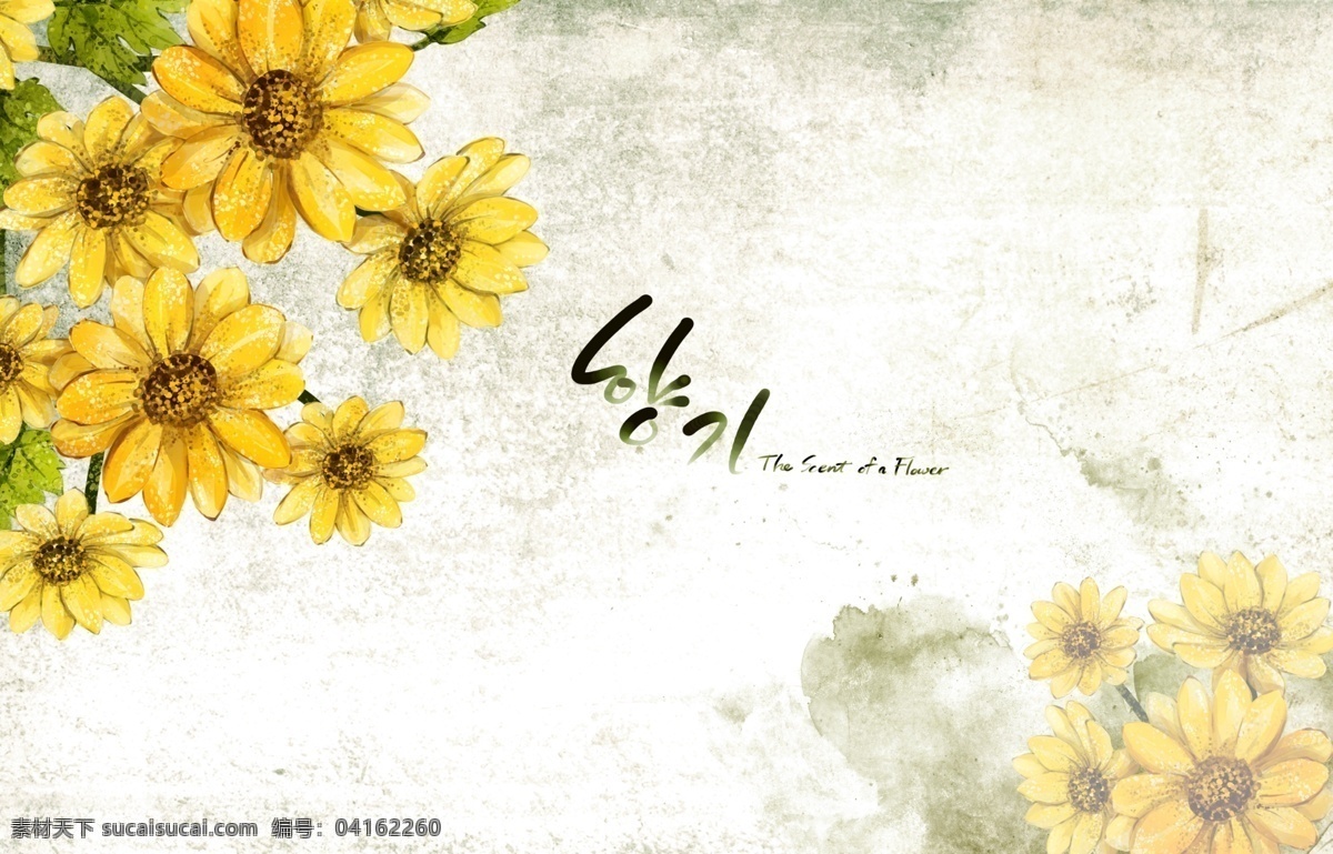 浪漫 手绘 韩国 风 花卉 背景 源文件 黄色 菊花 绿叶 韩文 装饰图案