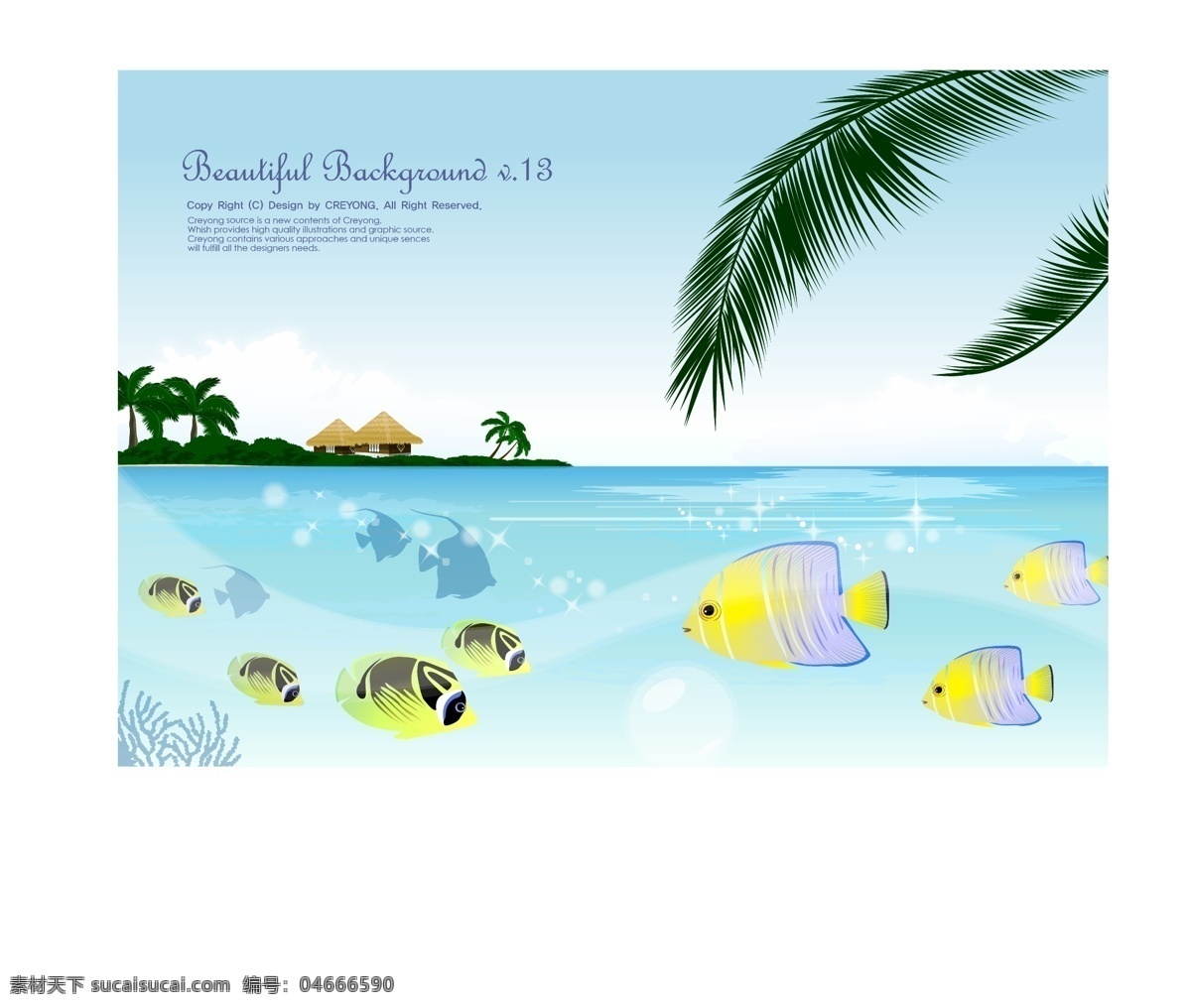 热带 风情 树木 鱼 矢量 矢量图 其他矢量图