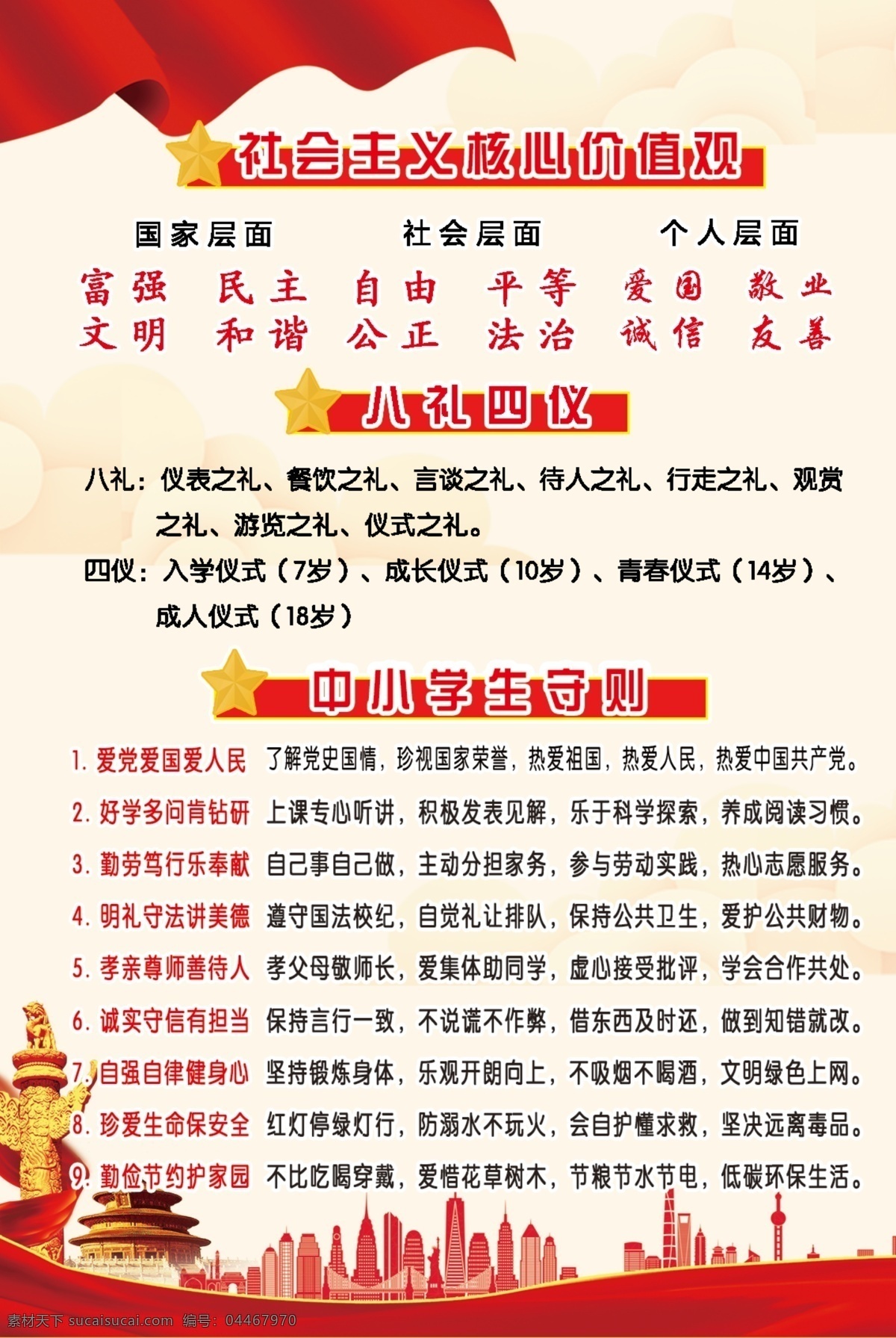 社會(huì)主義 八 禮 四儀 中小學(xué)生 守 核心價(jià)值觀 八禮四儀 中小學(xué)生守則 校園 校園展板 校園海報(bào) 校園文化 展板模板 psd設(shè)計(jì) 分層 紅色展板