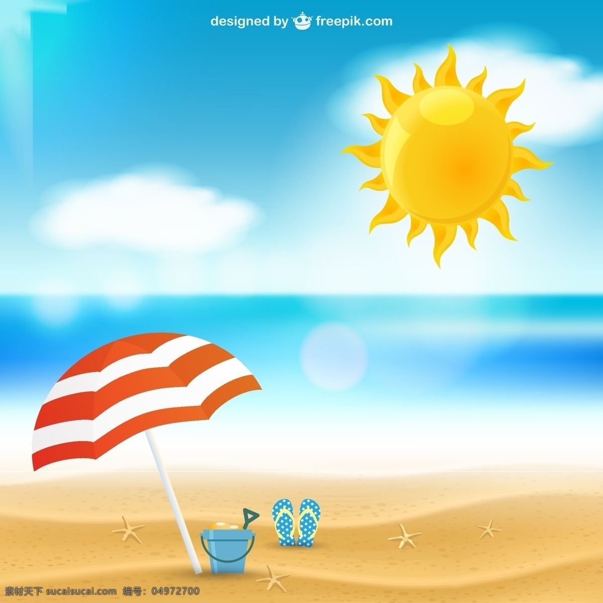 夏日 度假 海滩 矢量 太阳 阳光 云朵 大海 沙滩拖鞋 遮阳伞 风景 夏 海星 矢量图