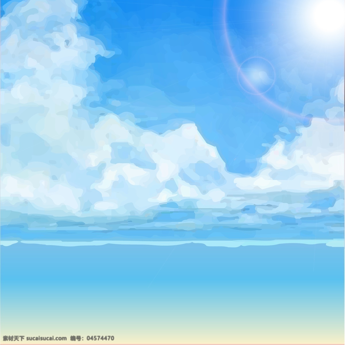 蓝色 夏日 海边 沙滩 阳光 蓝天 白云 背景 图 唯美 海绵 手绘