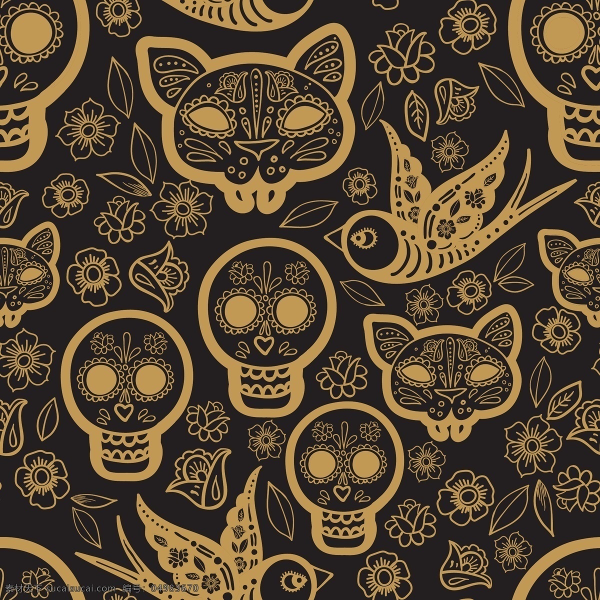 黄金 无缝 图案 死亡 日 糖 头骨 贴花 民间 装饰 艺术 印刷 海报 墨西哥 传统 庆祝活动 生活