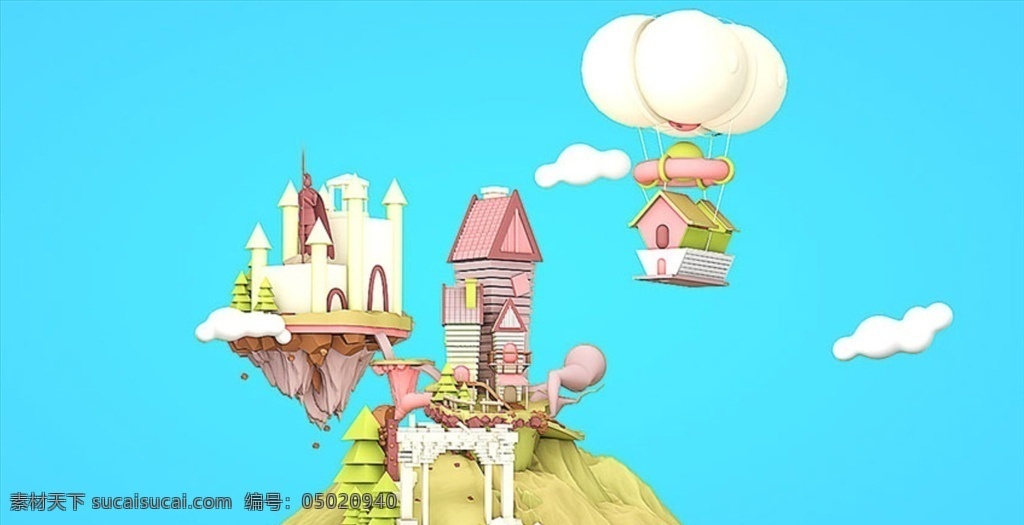 c4d 模型 移动 城堡 热气球 房子 动画 工程 渲染 c4d模型 3d设计 其他模型