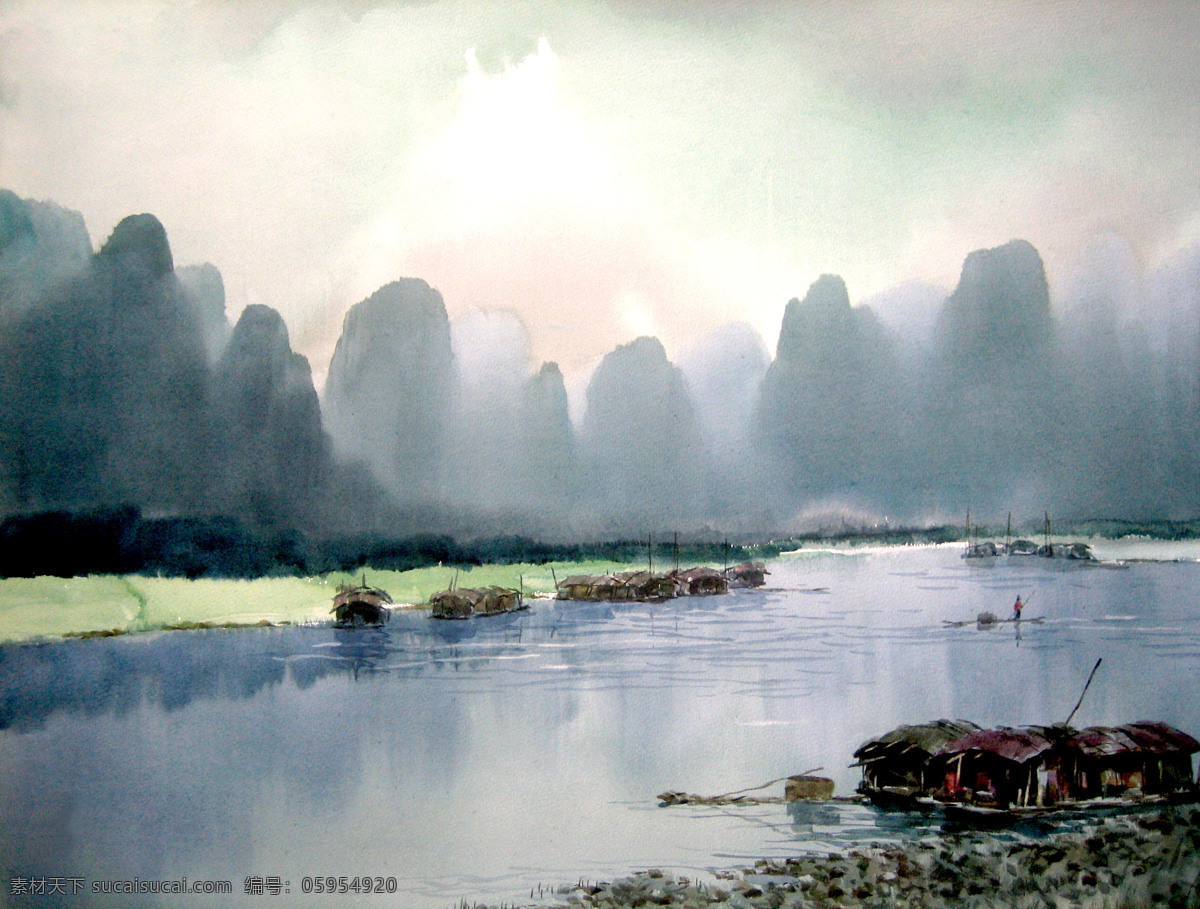 春江打魚 美術(shù) 水彩畫 風景 江流 船只 漁家 山峰 水彩畫藝術(shù) 作品集 繪畫書法 文化藝術(shù)