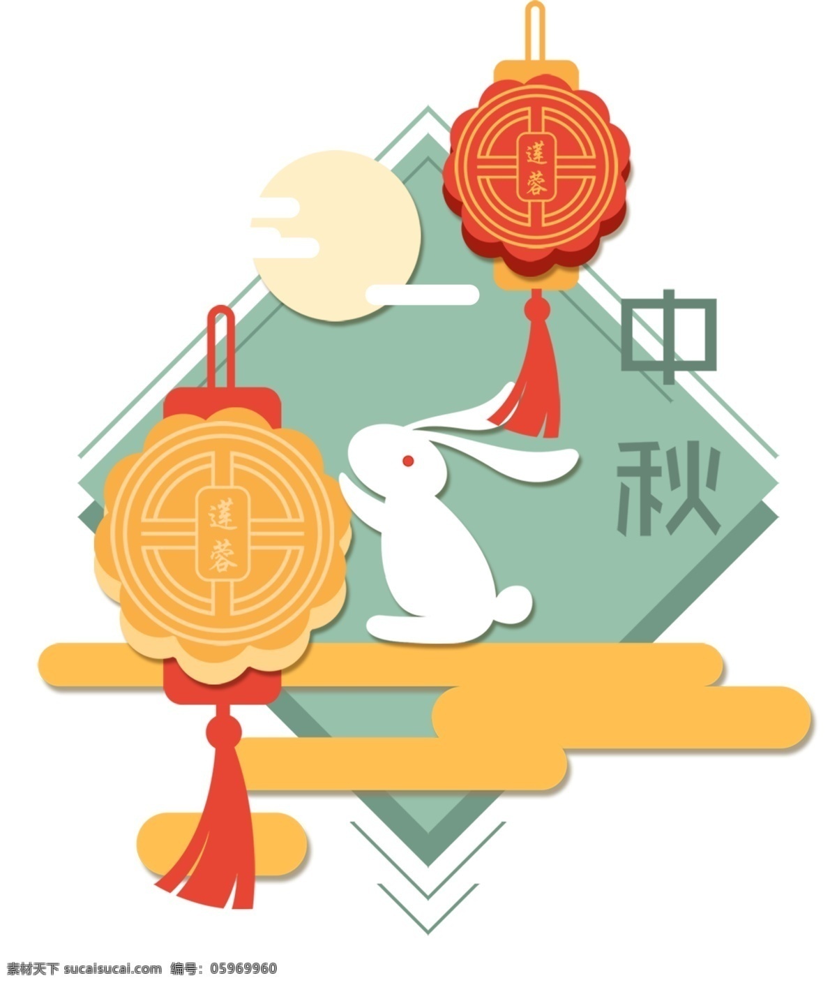 扁平 中秋節(jié) 裝飾 元素 中秋 玉兔 月餅 白兔 燈籠創(chuàng)意