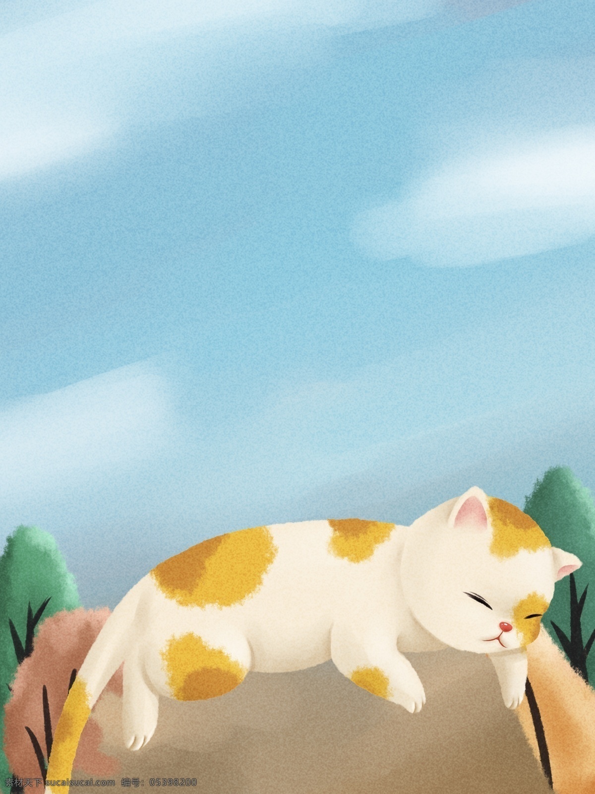 清新 藍(lán)色天空 貓咪 插畫 背景 貓咪插畫 卡通背景 插畫背景 通用背景